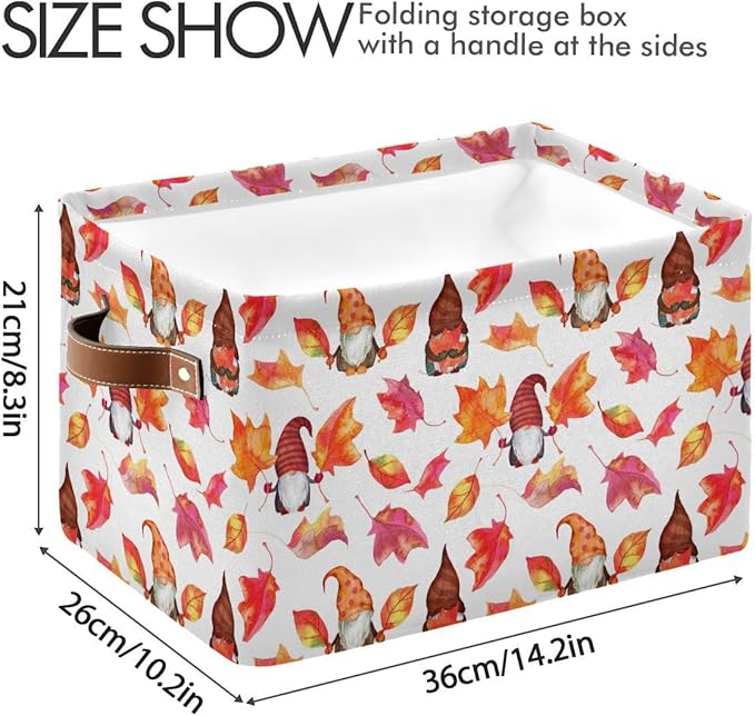 Fall Gnomes Storage Basket Fabric Kitchen Baskets Autumn Maple Leaves Open Home Storage Bins Boxes Foldable Organizer Bag for Baby Cloth Pet Toy Book Shelf Closet Baskets 16×12×8 Inches