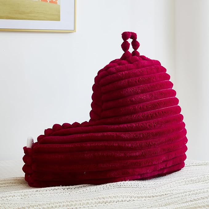 Faux Fur Fluffy Burgundy Reading Pillow with Pockets, Luxury Striped Plush Decorative, Arm Rests and Back Surport for Bed Rest, Lounging on sofa, Large