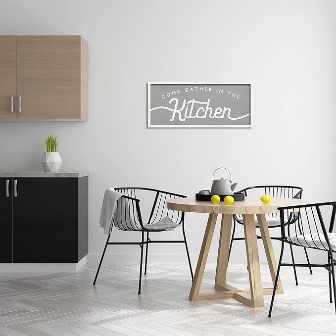 Stupell Industries Gather in The Kitchen Sign Rustic Family Phrase, Designed by Daphne Polselli White Framed Wall Art, 13 x 30, Grey