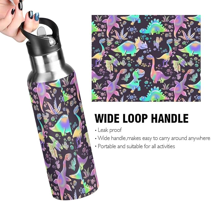 senya 34 Oz Water Bottle with Straw Rainbow Dinosaurs Stainless Steel Water Bottle for Traveling Sports Leakproof Insulated Water Bottle
