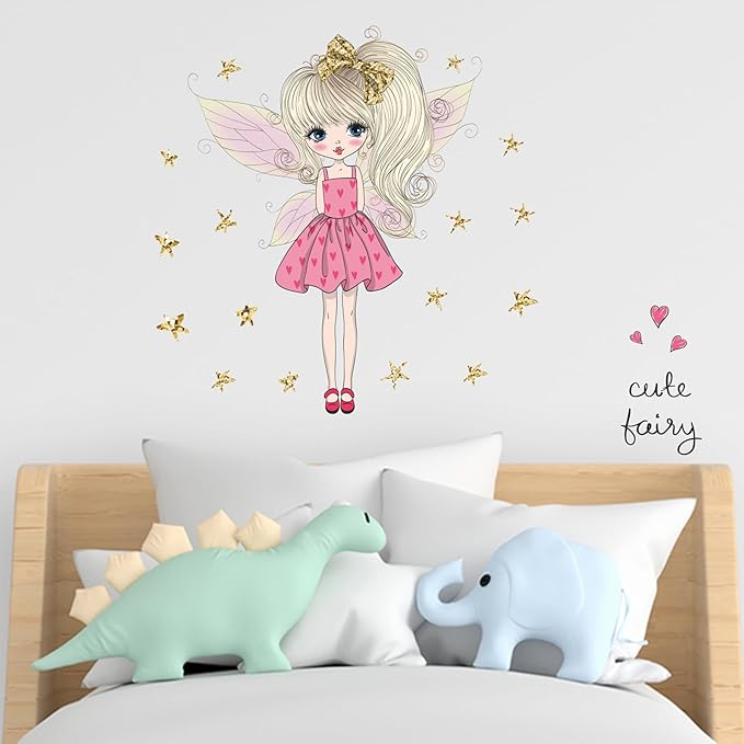 Pink Cute Butterfly Girl Wall decals for Girls Bedroom Princess Gold Stars Kids Room Decor Removable Fairy Stickers Vinyl Wall Murals Peel and Stick for Playroom Classroom Living Room Nursery