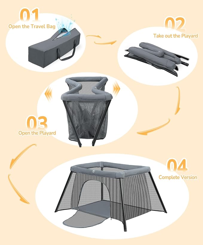ELEMARA Big Travel Crib for Baby,Portable Crib with Comfortable Mattress,Lightweight Foldable Playpen with Long-Lasting Frame, Indoor & Outdoor Use Playard, Pack and Play for Toddlers（Light Grey）
