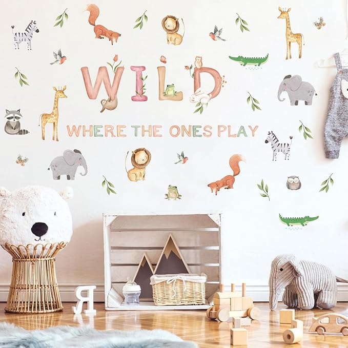Safari Wall Decals for Kids Where The Wild Ones Play Peel and Stick Wallpaper 38pcs Giraffe Decor Zoo Animal Stickers Jungle Classroom Decal Fauna Forest Wall Murals for Classroom Playroom Nursery