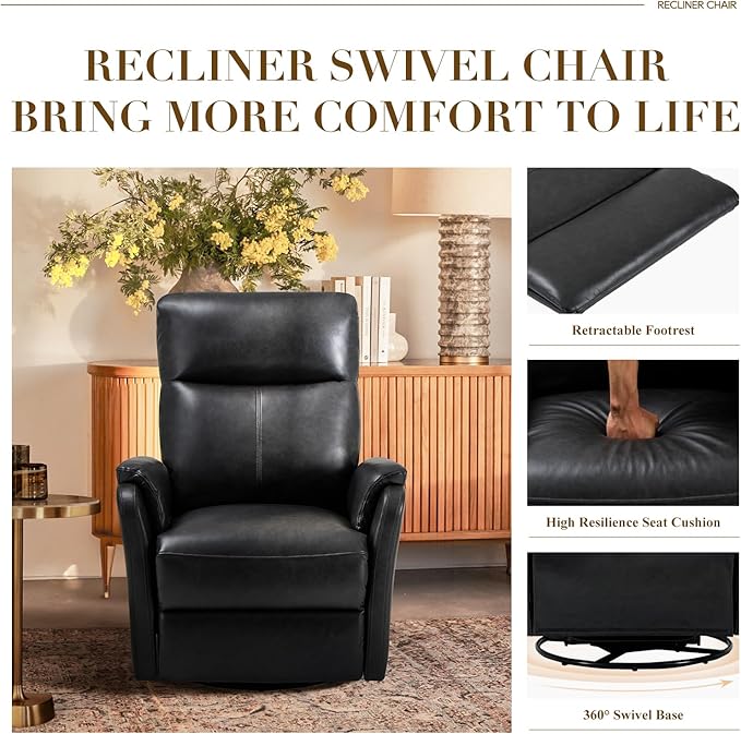 Swivel Rocking Recliner Glider Chair, Leather Reclining Rocker Chair with Footrest for Living Room, Nursery, Office, Bedroom, Ergonomic High Backrest, Wide Seat Cushion and Metal Base-Charcoal