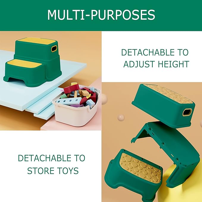 HOMKO 2 Step Stool for Kids Toddler Stool for Potty Training Kids Step Stool for Bathroom Kitchen Sink and Toilet Potty Training Anti-Slip Potty Stools, 3 in 1 Independent Stepping Stool, Green