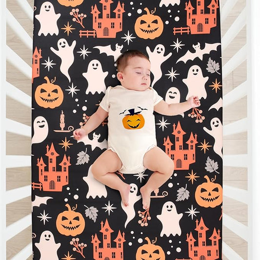 JISEN Halloween Crib Sheet Ghosts Fitted Crib Sheet for Boys Girls Crib Mattress Cover Baby Sheet for Standard Crib and Toddler Mattress Soft Breathable Baby Bed Sheet for Neutral 52x28 Inch Castles
