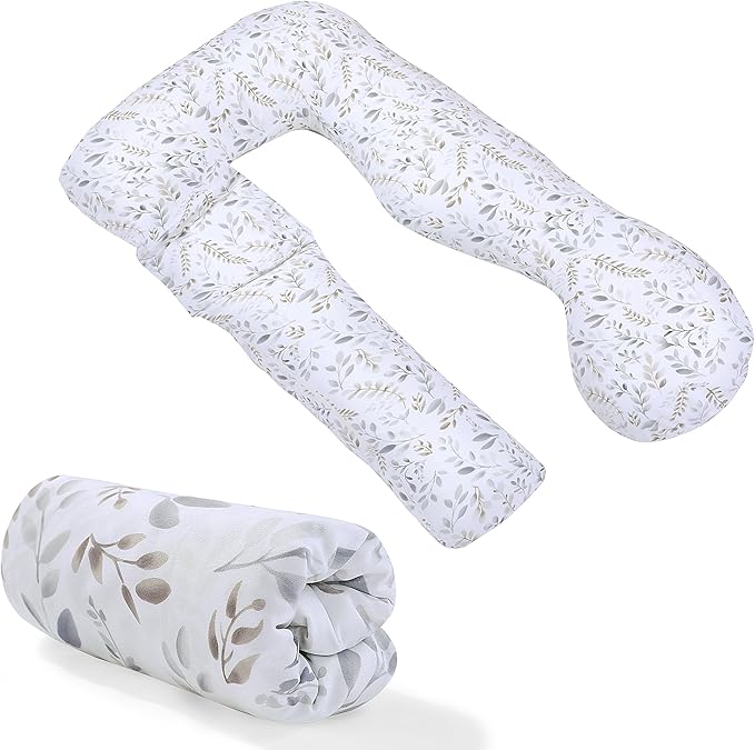 Floral Soft Pregnancy Pillow Cover (ONLY Pillowcase), U Shaped Luxurious Velvet Maternity Pillow Cover with Hidden Zip, Warm Large Pillow Protector for Side Sleeper, White, 59x31 in