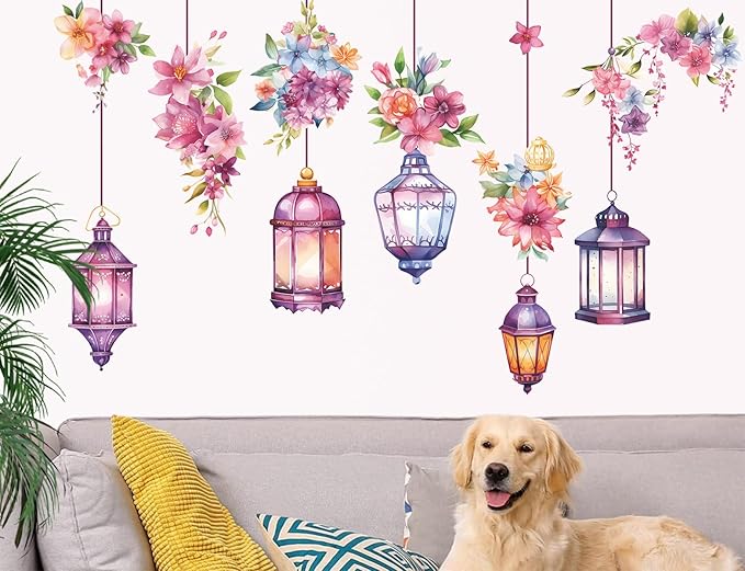 Hanging Flower Vine Wall Stickers Floral and Lamp Peel and Stick Wall Art Decals Flower Vine Wall Decor for Living Room Bedroom TV Background Spring Party Decoration