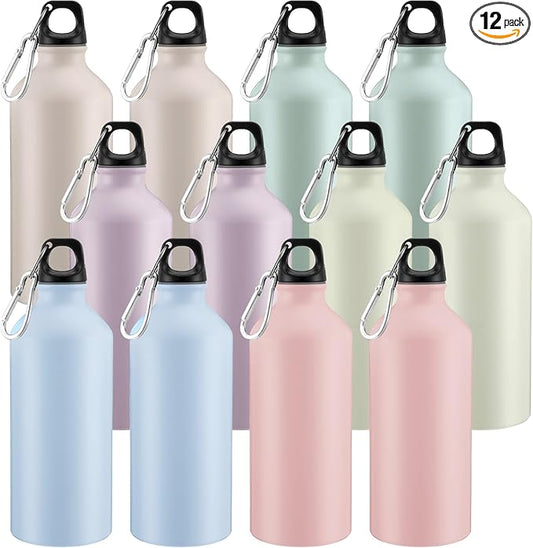 Domensi 12 Pcs 20oz Aluminum Water Bottles Bulk Reusable Water Bottles Lightweight Leak Proof Aluminum Sports Bottles with Twist Cap Buckle for Gym, Hiking, Cycling, Camping, Fishing