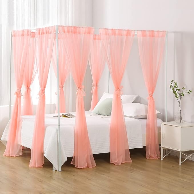 Canopy Bed Curtains Twin, Chiffon Princess Bed Canopy, Bed Drapes for Girls Room Adults(Pink)