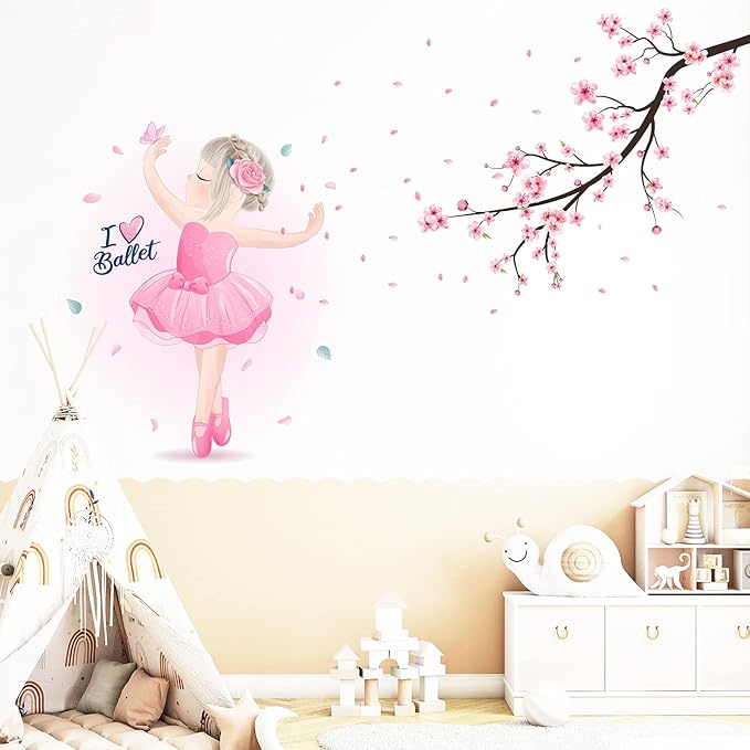 Pink Cherry Blossom Wall Decals, Dancing Ballet Girl Wall Stickers, Flower and Tree Branch Wall Decor, Removable Vinyl Wall Decor Mural Art for Baby Nursery Bedroom & Living Room Sofa TV Backdrop Decoration