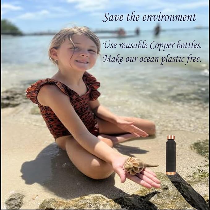 Pure Copper Water Bottle - Handcrafted - Ayurveda Health Benefits - 33 OZ - Leak proof - Easy to carry for Sports, Fitness, Yoga, School - Jet Black Matte Finish Vintage Enamel.