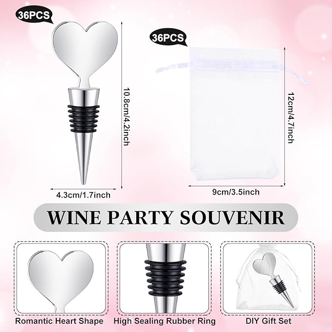 Blank Heart Shape Wine Stopper Stainless Steel Beer Stopper Blank Board Stopper with White Sheer Organza Bags Wedding Favor for Guests Wine Party Gifts Bridal Shower(Silver,24 Sets)