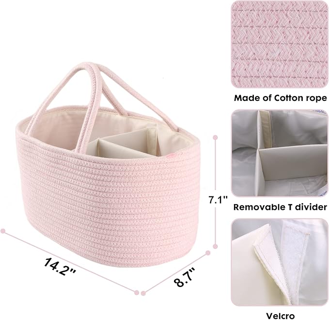Baby Diaper Caddy Organizer for Girl Boy Rope Nursery Storage Bin Basket Portable Holder Tote Bag for Changing Table Car Travel Baby Shower Gifts Newborn Essentials Registry Must Have Items Pink