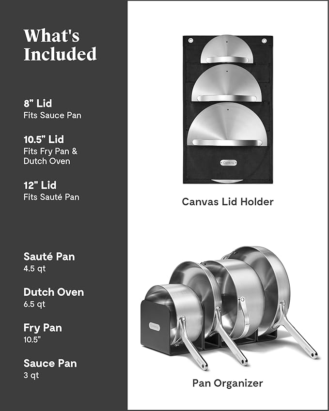 Caraway Stainless Steel Cookware Set (4 Piece) - 5-Ply Stainless Steel Pots & Pans - Includes Fry Pan, Sauce Pan, Sauté Pan, Dutch Oven, 3 Lids & Storage - Non Toxic, PTFE & PFOA Free
