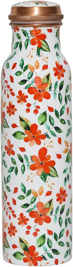 Copper Ayurveda Copper Water Bottle for Drinking – Travel Water Bottle for Gym, Yoga, Office, Hiking, Outdoor – with Lid (Yellw Pink floral) (White floral)