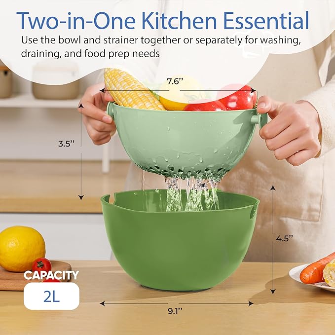 Chef's Path 2 in 1 Kitchen Strainer and Colander for Kitchen, Multifunctional Food Strainer Set, BPA Free Plastic Colander with Handle, Pasta Drainer, Veggie and Fruit Cleaner - Green