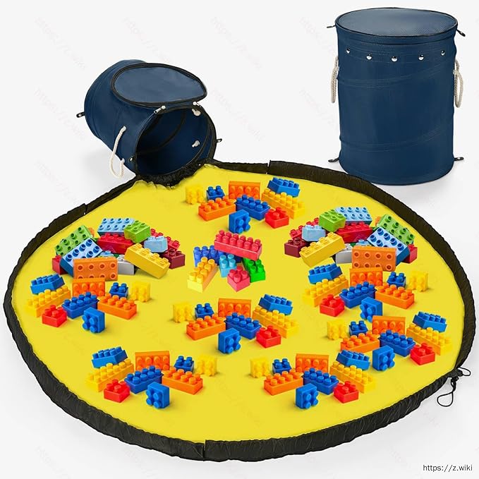 Toy Storage Basket and Play Mat for Kids - Foldable Toy Storage Organizer Bins with Lids - Kids Toy Box Chest for Building Blocks, Boys, Girls, Nursery, Playroom, 12.6''x12.6''x15.5''(Blue)