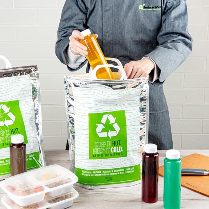 Restaurantware Cater Tek 11.8 x 5.9 x 15 Inch Hot And Cold Bag 1 Triple Layer Insulated Bag - Snap Lock Handles Waterproof Green & Silver Plastic Thermal Lunch Bag For Frozen & Hot Items