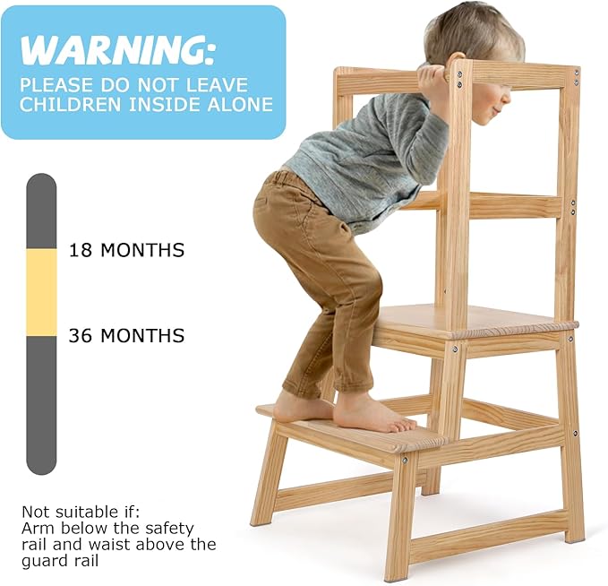 Kids Kitchen Step Stool, Standing step stool with Safety Rail for Toddlers 18 Months and Older, Safety Anti-Slip Protection, Removable Step Stool for Adult Use, Natural