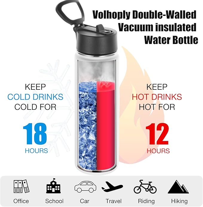Volhoply 24oz Insulated Water Bottle With Straw Bulk 3 Pack,Metal Wide Mouth Water Bottles With Handle Lid Keep Cold,Reusable Double Wall Thermos,Powder Coated Sport Bottle For Holder(White,3 Count)