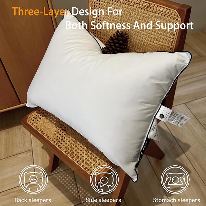 Natural Goose Down Pillows - White Down Pillow King Size - 550+ Fill Power - Soft and Support Down Bed Pillow for Back,Side,Stomach Sleepers，Pack of 1 (20" x 36")