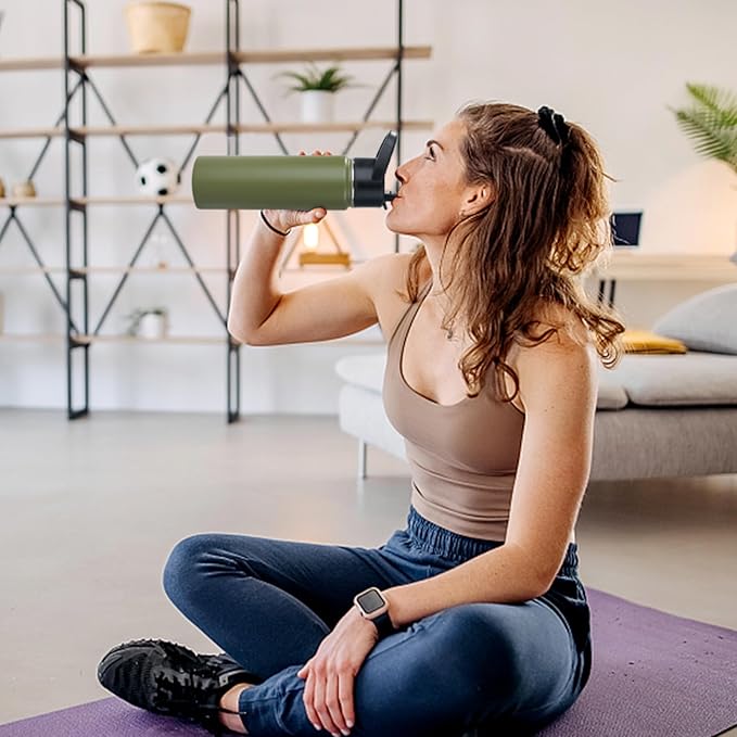 Stainless Steel Water bottle with Straw & Wide Mouth Lid, Wide Rotating Handle, 40oz Double Wall Vacuum Insulated Water Bottle Leak Proof, BPA Free, Keep Cold and Hot, 40oz, Army Green