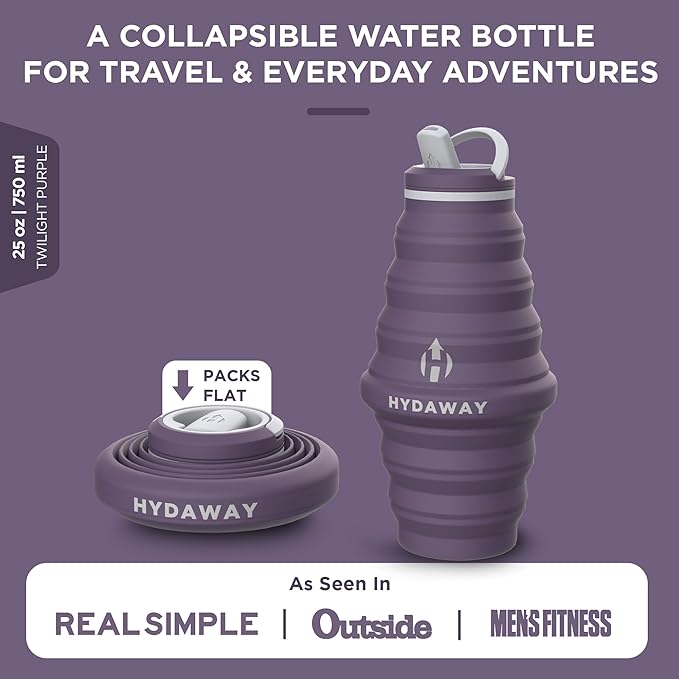 HYDAWAY Collapsible Water Bottle - 25oz I Reusable Water Bottle with Flip Top Lid for Travel, Hiking, Backpacking I Portable & Leakproof, Food-Grade Silicone, BPA Free, Collapses to 1.5”