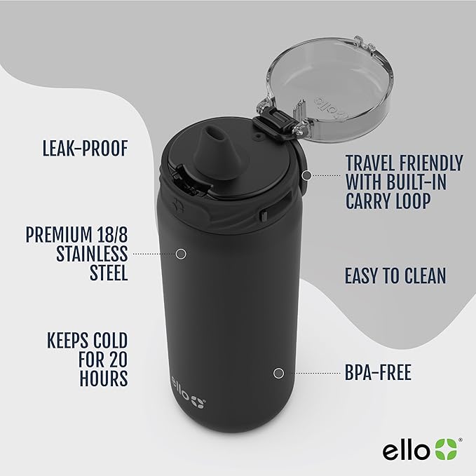 Ello Cooper 18oz Kids Stainless Steel Water Bottle with Straw and Carry Handle, Double Walled and Vacuum Insulated Metal, Leak Proof Locking Lid with Soft Silicone Spout, Reusable, BPA Free, Black
