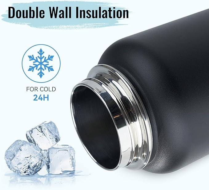 Stainless Steel Water bottle with Straw & Wide Mouth Lid, Wide Rotating Handle, 32oz Double Wall Vacuum Insulated Water Bottle Leak Proof, BPA Free, Keep Cold and Hot, 32oz, Black