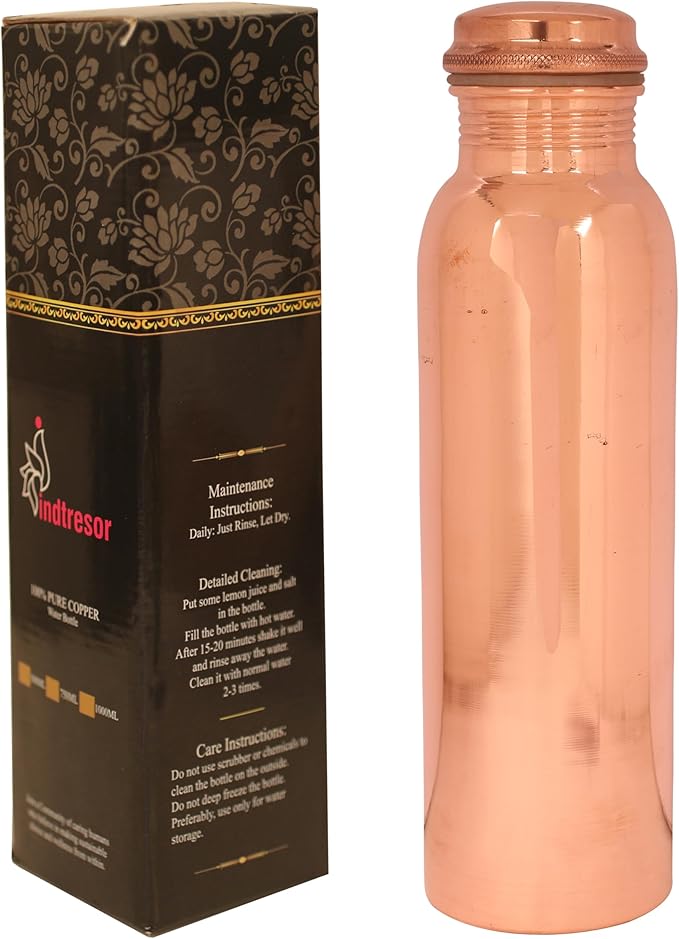 Pure Copper Water Bottle - Handcrafted - Ayurveda health benefits - Large 35 oz - Leak proof - Easy to carry for Sports, Fitness, Yoga, School -Natural Copper Finish