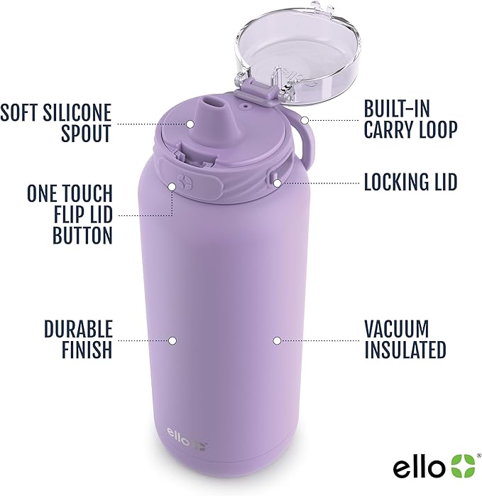 Ello Cooper 22oz Stainless Steel Water Bottle with Straw and Carry Handle, Double Walled and Vacuum Insulated Metal, Leak Proof Locking Lid with Soft Silicone Spout, Reusable, BPA Free, Lilac