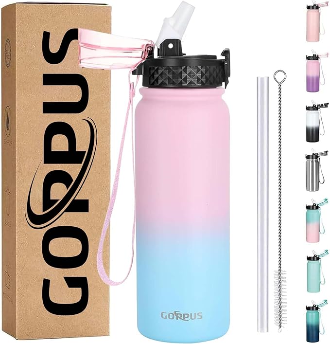 GOPPUS 20 oz Kids Water Bottle with Straw Wide Mouth Lid Leak Proof Double Walled Insulated Stainless Steel Water Bottles Stickers for Boys Girls School (Pink Blue 1 Lid)