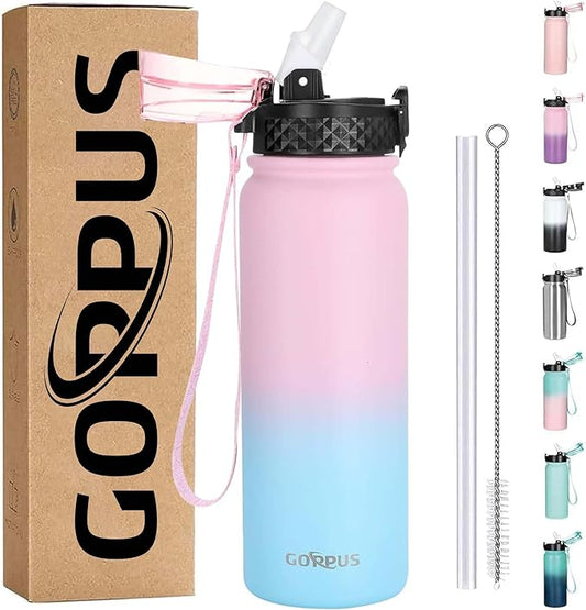 GOPPUS 20 oz Kids Water Bottle with Straw Wide Mouth Lid Leak Proof Double Walled Insulated Stainless Steel Water Bottles Stickers for Boys Girls School (Pink Blue 1 Lid)