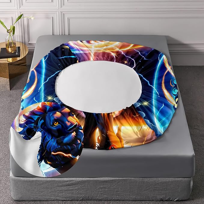 AILONEN Lion Fitted Sheet Set Queen Size, Constellation Lightning Lion Bed Sheet Set for Boys Girls,Blue Sky Starry Animal Lion Breathable Fitted Sheet and 2 Pillowcases,3 Pieces