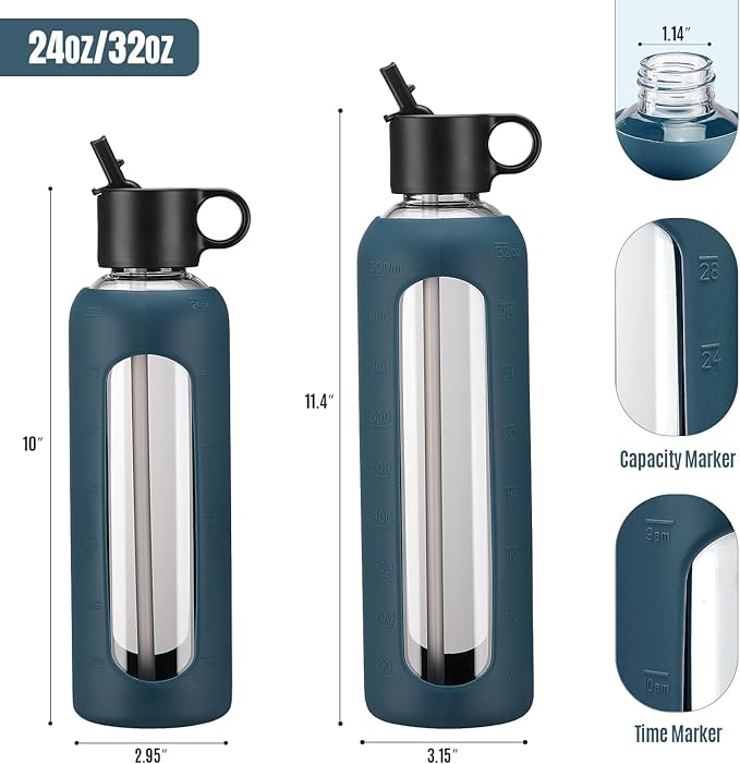24oz Glass Water Bottle With 2 Lids-Flip Straw Lid, Bamboo Lid, Glass Water Bottle With Silicone Sleeve, Motivational Time Marker, Glass Juice Bottle for Cold Drink,Navy Blue
