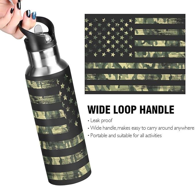 senya 34 Oz Water Bottle with Straw Usa Flag Camouflage Vintage Stainless Steel Water Bottle for Traveling Sports Leakproof Insulated Water Bottle