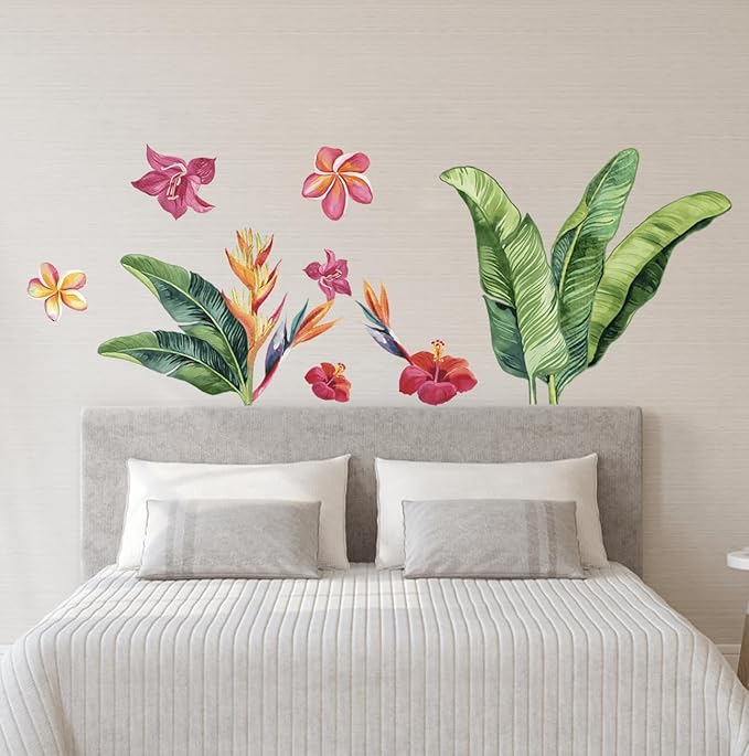 Green Banana Tree Flowers Leaf Wall Decals Peel and Stick Large Tropical Plants Wall Decals Green Wall Stickers for Bedroom Living Room Wall Stickers Nursery Office Apartment Jungle Party Decor