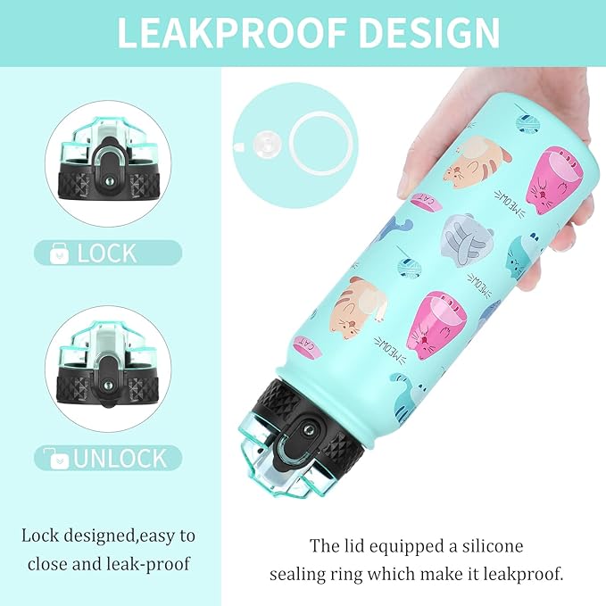 GOPPUS Kids Water Bottle with Straw Lid 20 oz Cat printing Double Walled Metal Insulated Stainless Steel Sports Water Bottles Leak Proof with Strap Handle for Boys Girls School(Green Cat 1 Lid)