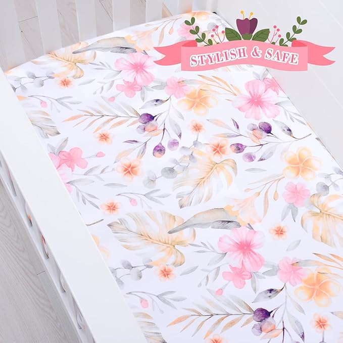 JISEN Fitted Crib Sheets 1 Piece Soft Breathable Baby Crib Sheets for Standard Crib and Toddler Mattress Baby Bed Sheets for Crib for Baby Boys Girls Neutral 28x52 Inch Flowers