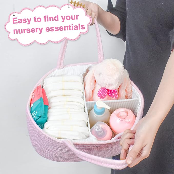 ABenkle Baby Diaper Caddy, Nursery Storage Bin and Car Organizer for Diapers Wipes, Cotton Rope Basket Changing Table Caddy