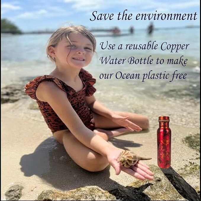 Pure Copper Water Bottle - Handcrafted - Ayurveda health benefits - Large 35 oz - Leak proof - Easy to carry for Sports, Fitness, Yoga, School - Red and Black Pretty Petals Motifs Enamel