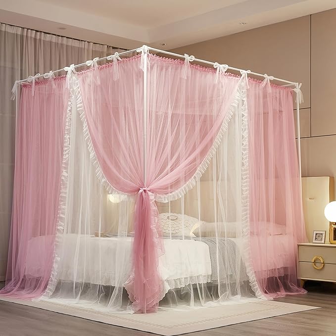 4 Corners Post Princess Curtain Bed Canopy Lace Up Double Layer 4 Opening Mosquito Net Mesh for Girls Bedroom Decoration(Pink/White, 78" W*86" L*82" H/King)
