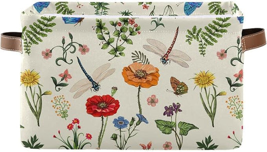 Spring Flowers Herbs Dragonfly Storage Basket Fabric Laundry Baskets Sunflower Lavender Daisy Storage Boxes Organizer Bag for Baby Cloth Dog Toy Book Storage Cubes Shelf Closet Bins 16x12x8 Inches