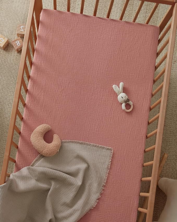 Blissful Diary Muslin Crib Sheets for Girl Boy, Boho Neutral Soft Cotton Baby Sheet for 52''x28'' Standard Crib Mattress, 2 Pack(Dusty Pink&Rainbow)