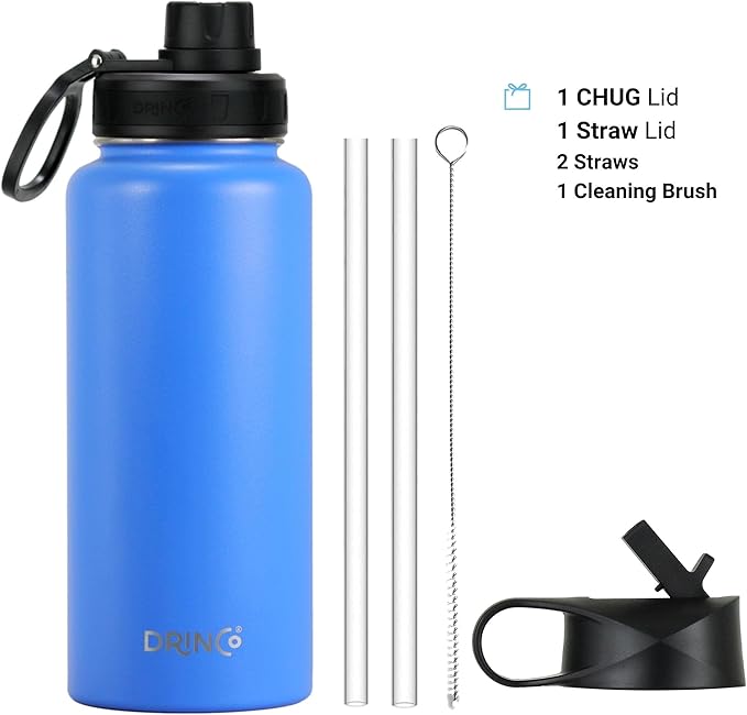DRINCO Stainless Steel Water Bottle Spout Lid Vacuum Insulated Double Wall Water Bottle USA Flag Military Veteran (32oz US Flag Color Royal Blue, 32oz)