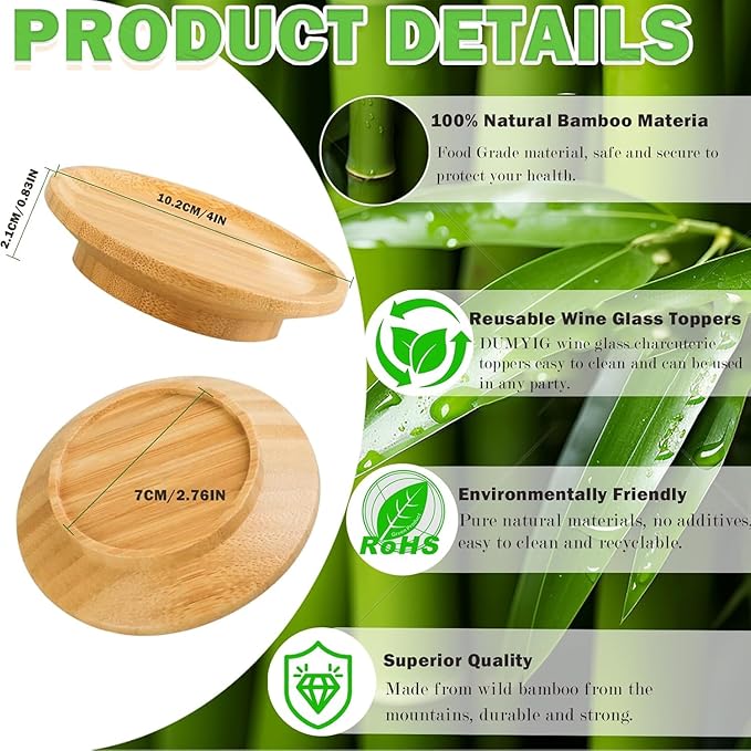 Wine Glass Charcuterie Topper, 2024 6Pcs New Wine Glass Charcuterie Board Topper, Bamboo Wine Glass Topper - Prevent Red Wine from Splashing, Charcuterie Wine Glass Topper, Gift for Wine Lovers