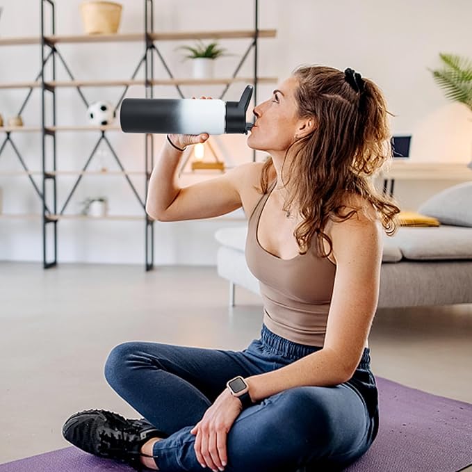 Stainless Steel Water bottle with Straw & Wide Mouth Lid, Wide Rotating Handle, 32oz Double Wall Vacuum Insulated Water Bottle Leak Proof, BPA Free, Keep Cold and Hot, 32oz, White Gradient