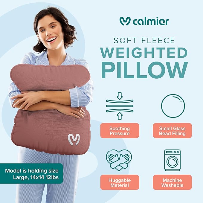 Calmier - 6 lb Sensory Weighted Pillow - Glass Bead Filled Hug Pillow - Ultra Plush Cozy Weighted Pillows for Adults and Kids - Child Sensory Pillow - Weighted Lap Pad (Pink - Fleece, 6 LBS)