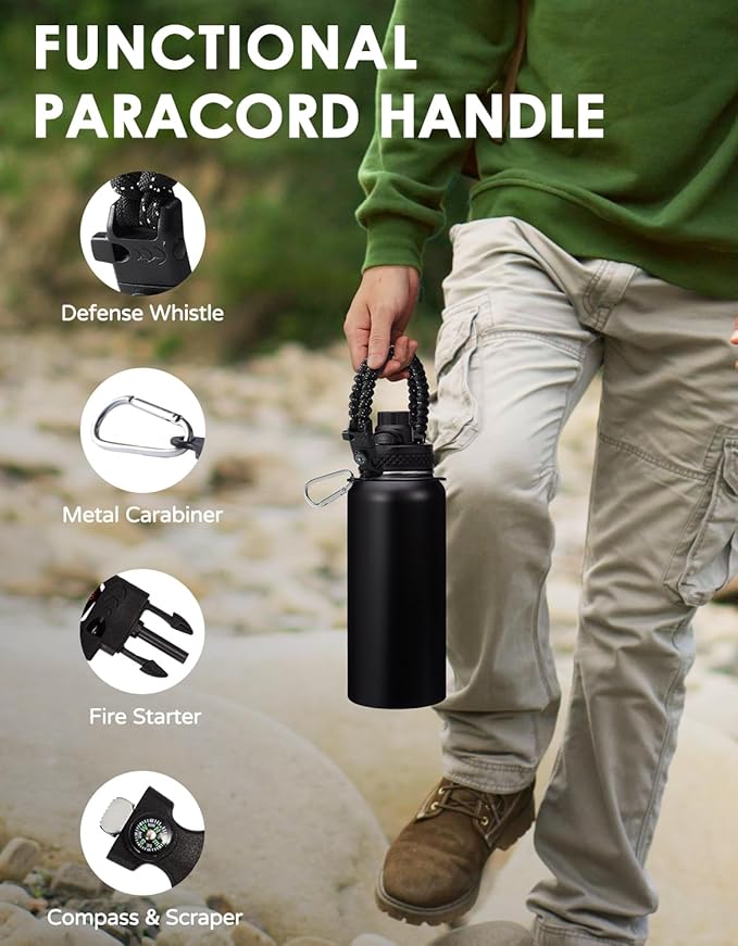 32/40/64oz Insulated Water Bottle with Straw - Spout Lids, Paracord Handle, Shoulder Carrier Bag, 32 oz Stainless Steel Water Bottle Thermal Flask for Sport Travel Work, Hydro Mug Cold for 48Hrs